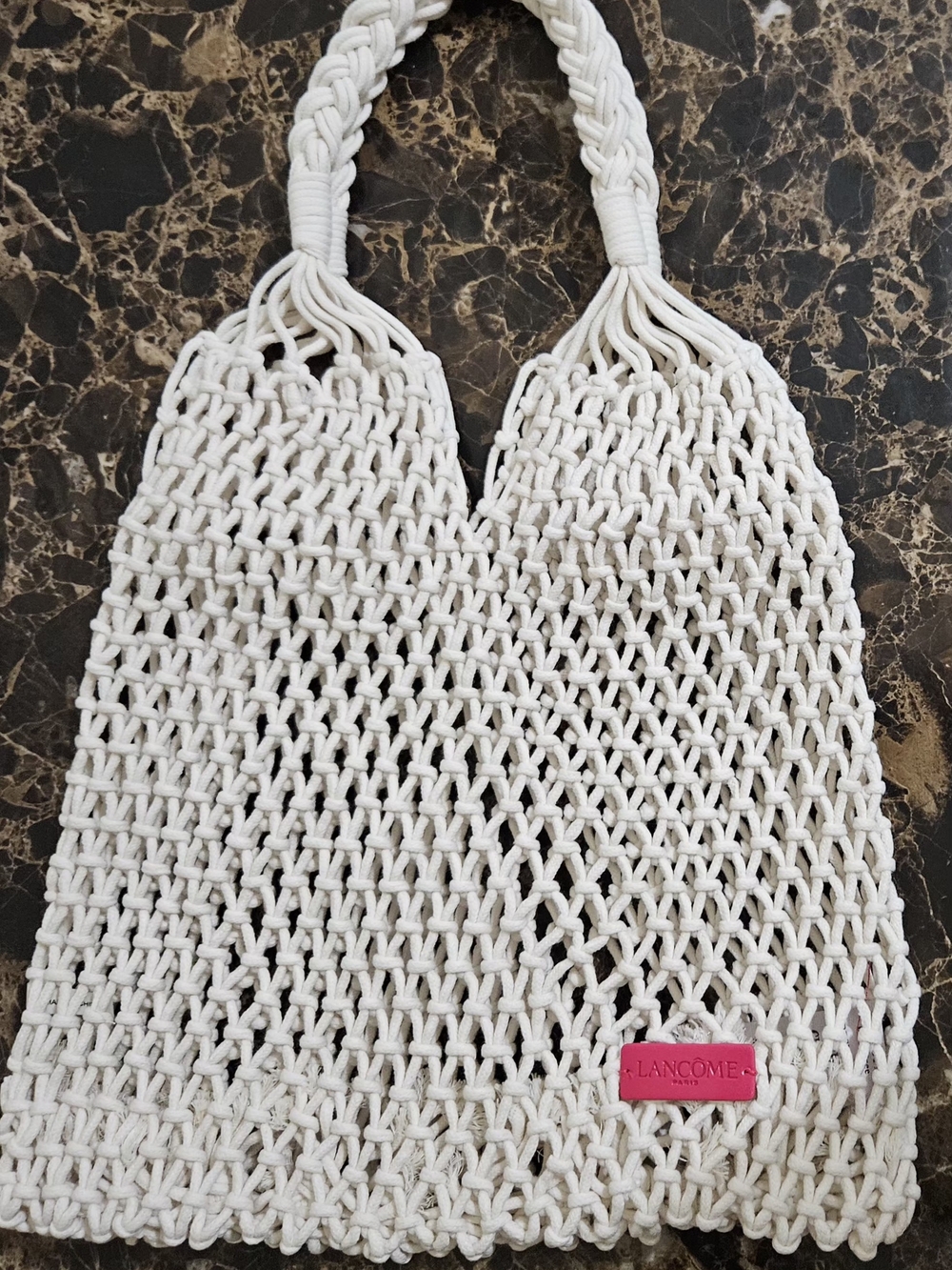 Lancôme Cream Macramé Tote with Pink Logo Patch
